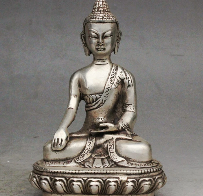 

Copper Brass craft 7 Tibetan Buddhism Fane Silver Pray Sakyamuni Shakyamuni Buddha Hold Bowl Statue