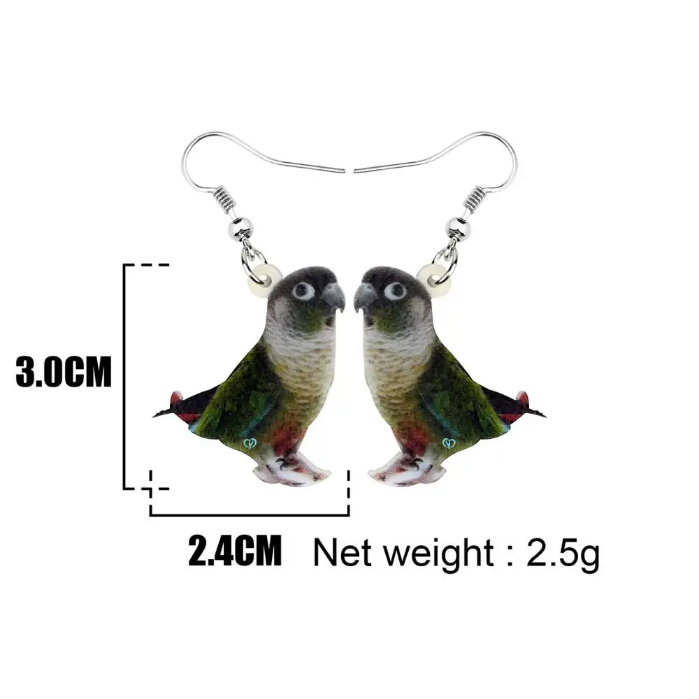 WEVENI بيان الاكريليك الأخضر-الخد Conure الببغاء الطيور انخفاض الأقراط استرخى شخصية مجوهرات للنساء بنات هدية الديكور