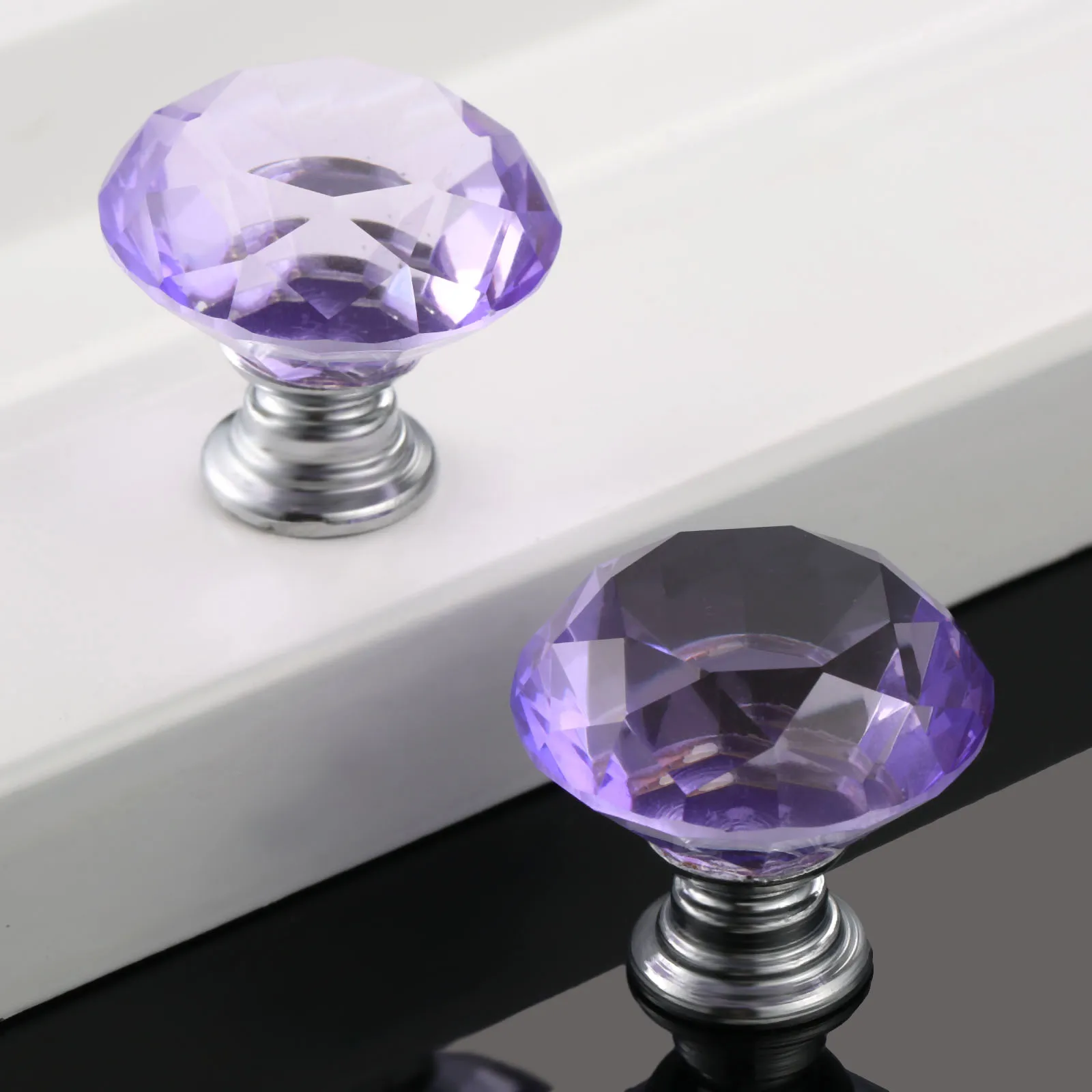 DRELD 2Pcs 30mm Diamond Crystal Drawer Pulls Glass Door Cabinet Wardrobe Pull Knobs Purple Furniture Handles + 6Pcs Screws