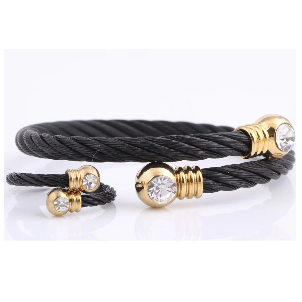 Trendy Jewelry New Fashion Stainless Steel & Metal Adjustable Gold Black Color Cuff Bracelet Bangle Ring Crystal Jewelry Set