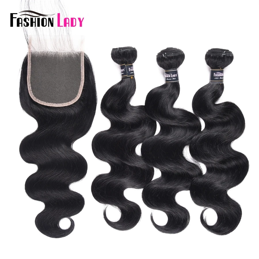 Jet black human hair bundles with closure Pre-Colored Bundle Pack 1# Brazilian Body Wave 3/4 Bundles With Closures Non-remy