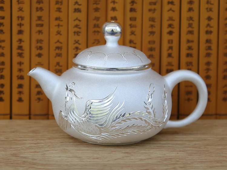 

Pure Silver Kettle Small Tea Pot Handmade Sterling Matte Dragon Phoenix Pattern Top Grade Gift