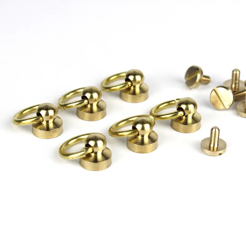 10Pcs Solid Brass Ball Post Studs Rivet with D ring Screwback Round Head Nails Spots Spikes Leather Craft DIY Accessories