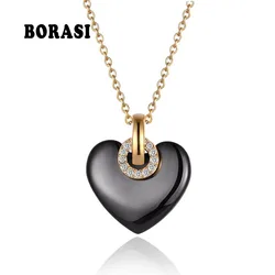 New Fashion Jewelry Black And White Heart Ceramic Crystal Pendant Necklaces With Women's Stainless Steel Necklace & Pendants