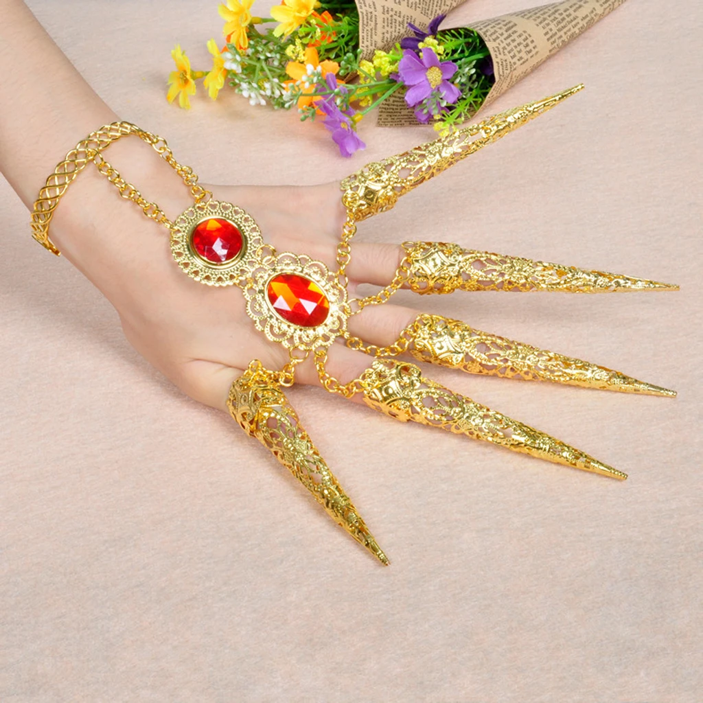 Unique Authentic Dancer Gold Bracelet with Long Finger Nails Costume Accessories for Belly Dance Thai Dance Carnival Halloween