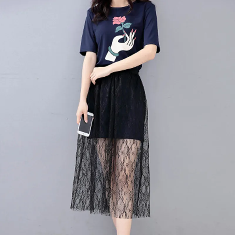 Women Sexy Lace Mesh Long Skirt Spring Summer Casual High Waist Elastic Transparent One Layer Black Bottom Skirt 57