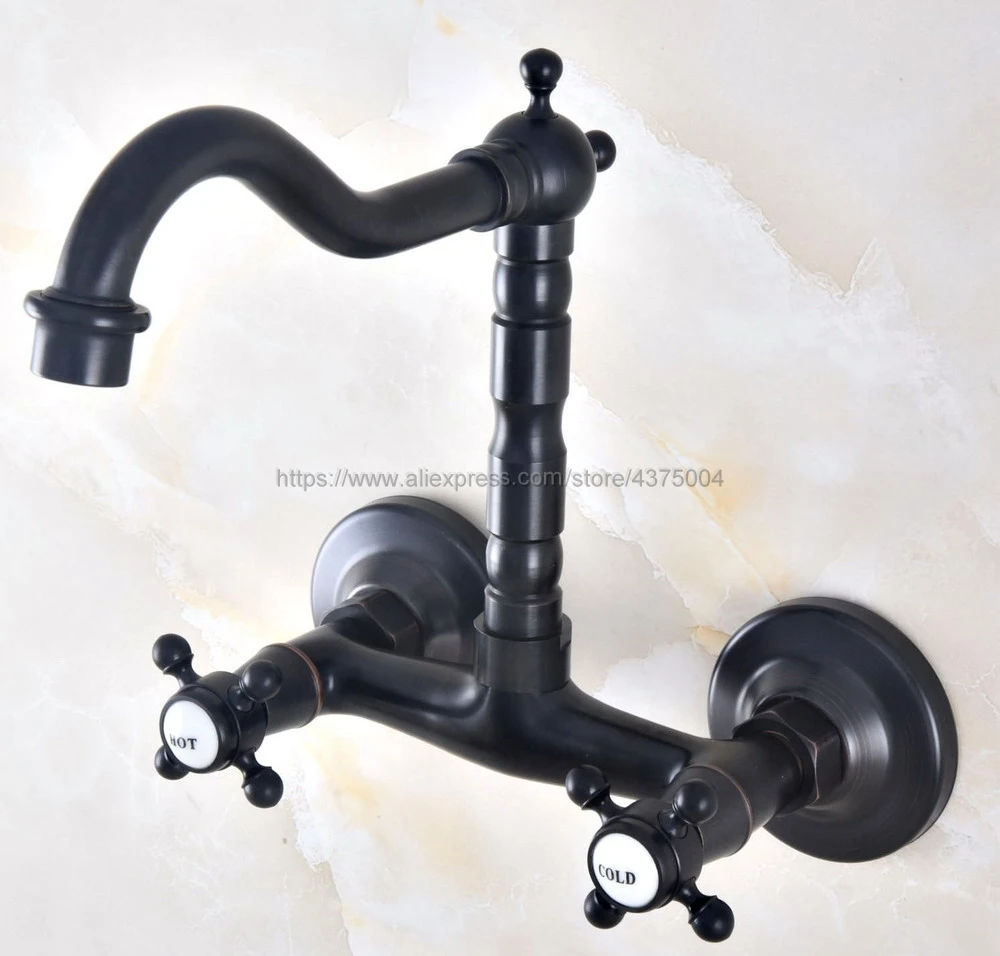 Oil Rubbed Bronze Dual Cross Handles Wall Mounted Hot & Cold Bathroom Kitchen Basin Sink swivel Faucet Mixer Tap Nnf459