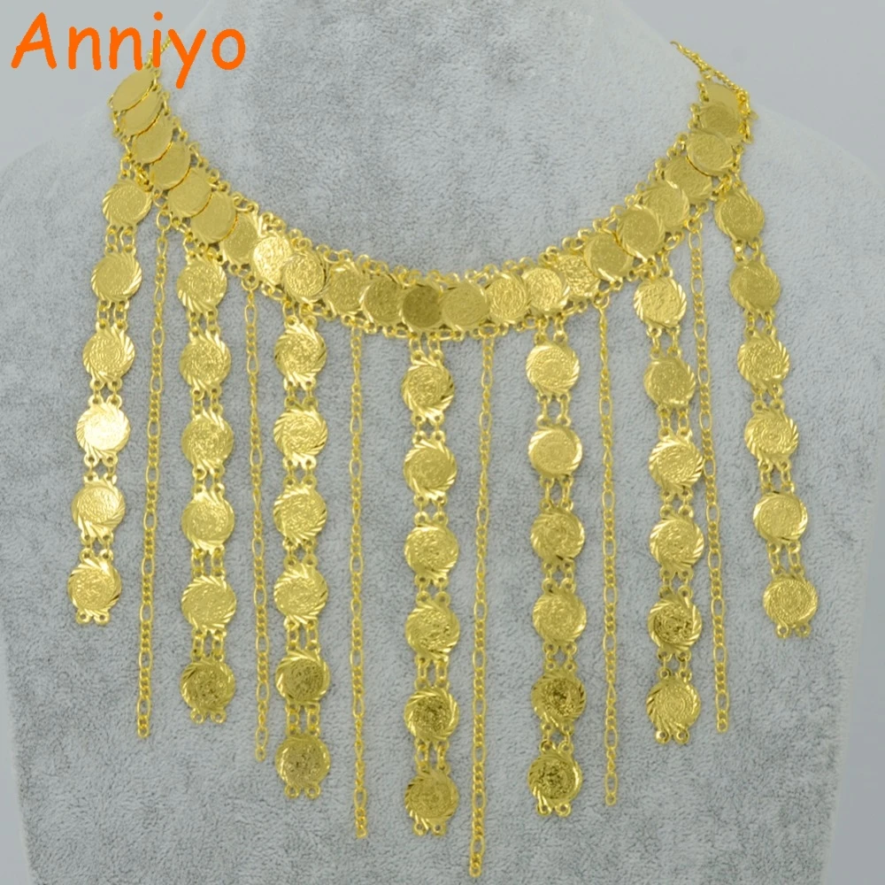 Anniyo 45cm Metal Coin Necklace Girls,Islam Coins Necklaces Gold Color Arab Jewelry Muslim Middle East Birthday Items #051306