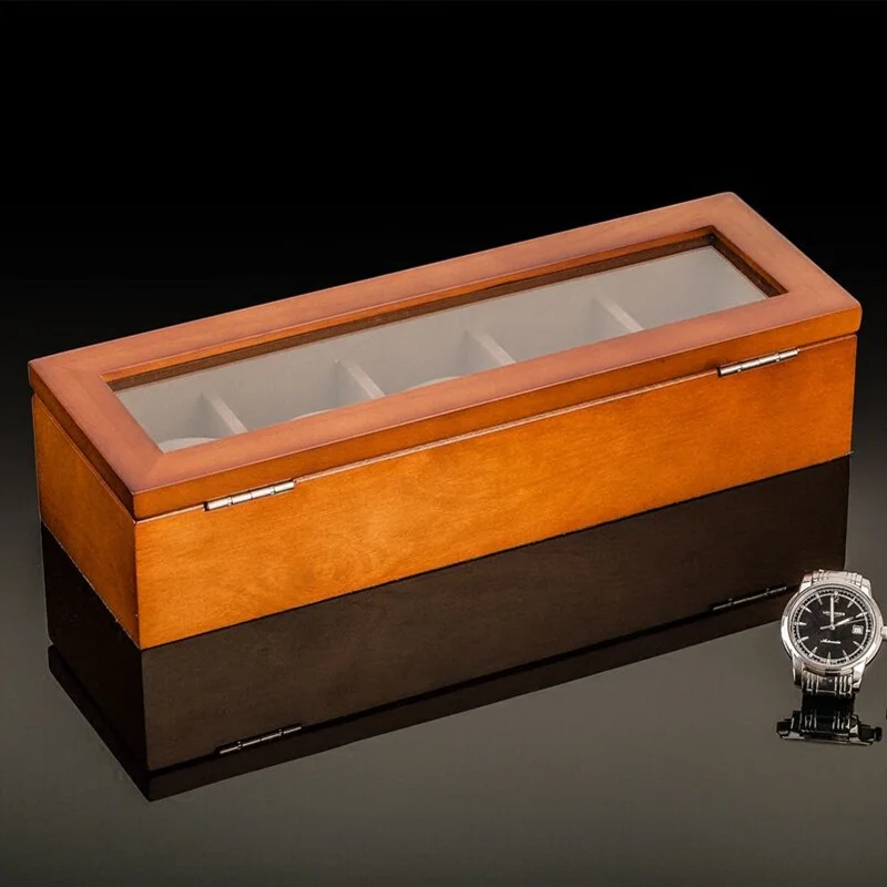 Organizador de reloj de madera con 5 ranuras, caja de almacenamiento de lujo de vidrio, soporte de moda para hombres, caja de exhibición de reloj