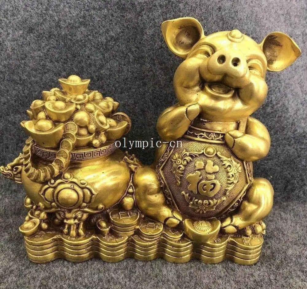 11'' brass copper home fengshui cornucopia treasure wealth auspicious animal pig