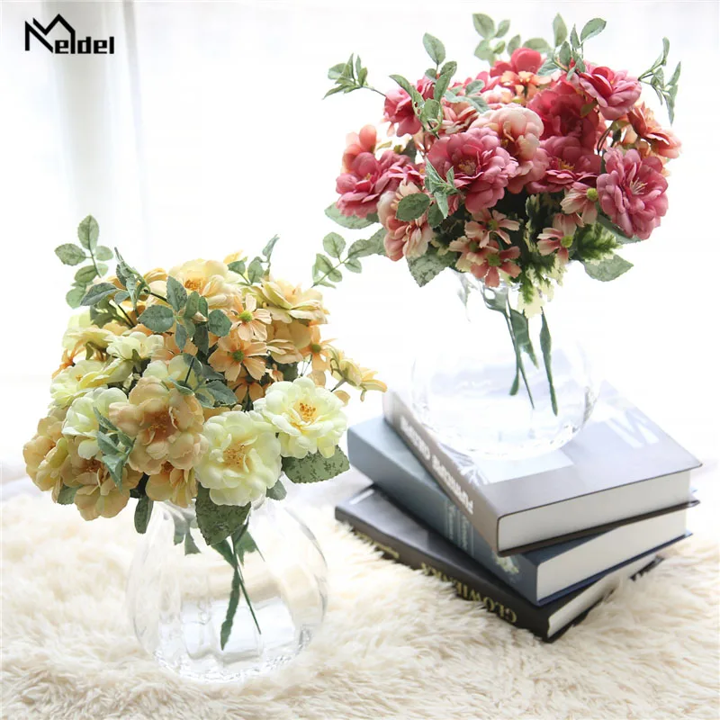 Meldel Bridal Wedding Bouquet Bridesmaid Artificial Silk Camellia DIY Bouquet Office Home Party Decorations Flower Arrangement