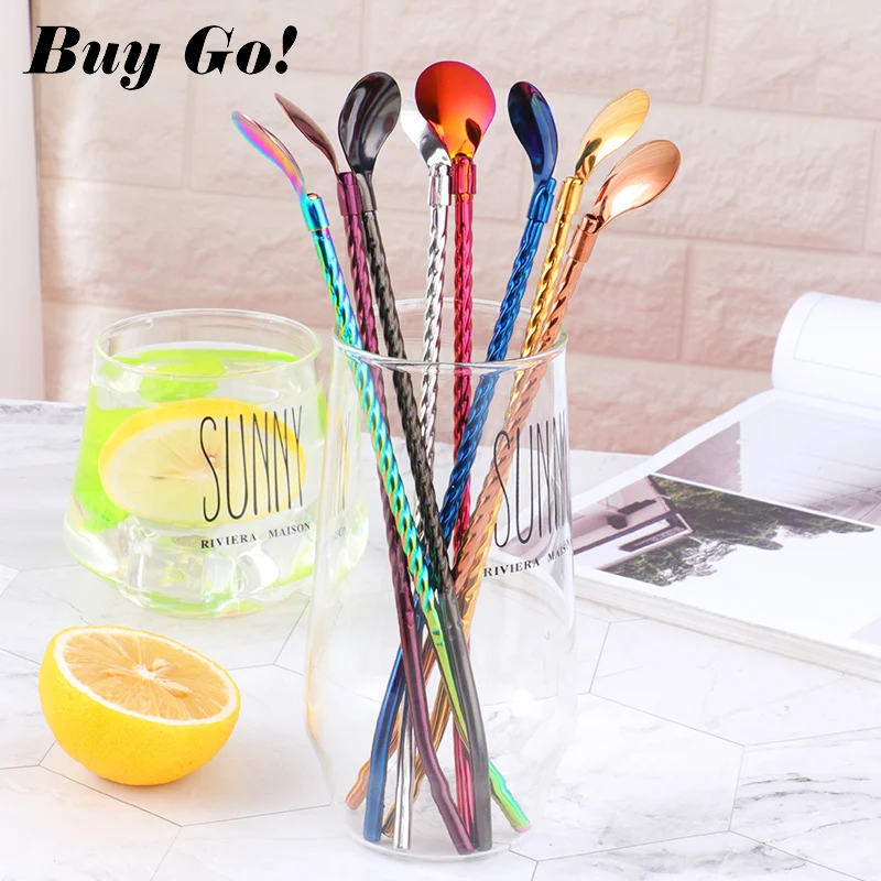 Reusable Stainless Steel Long Drinking Straw Spoon Spiral Pattern Cocktail Milk Coffee Juice Stirring Spoon With Brush Bar Tools