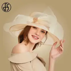 FS Beige Weiß Organza Breite Krempe Sonnenhut Hüte Für Frauen Kirche Hüte Frauen Elegante Kentucky Derby Hut Damen Großen Bogen fedora