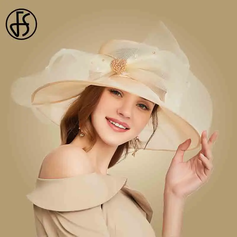 FS beżowy biały Organza szerokie rondo kapelusze przeciwsłoneczne dla kobiet kapelusze kościelne kobiety elegancki Kentucky Derby kapelusz panie duża kokarda Fedora