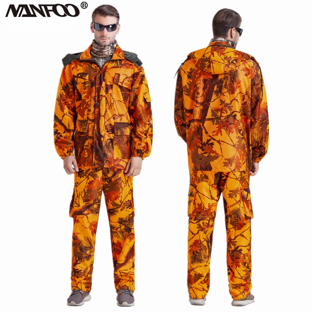 Outdoor Men's Maple Leaves Camo Hunting Fishing Suit Waterproof Spring Autumn Ghillie Suit Detachable Hooded Jacket Pants