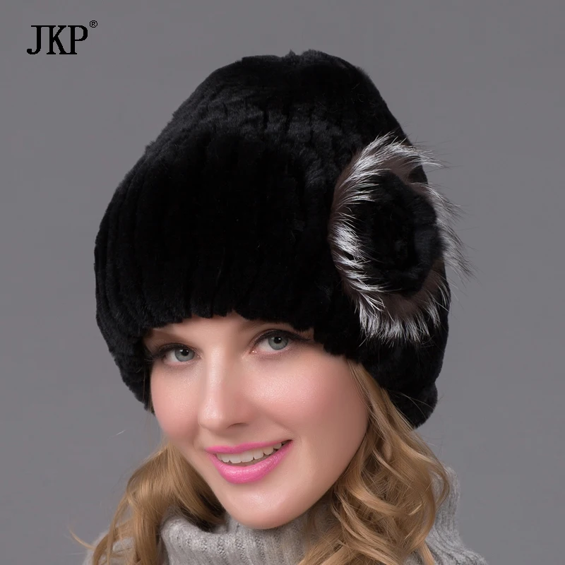 

2024 Natural Hair Millinery Couture Winter Fur Cap Rex Rabbit Hat On Top Of A Flower Top Women Knitted Hat THY-33