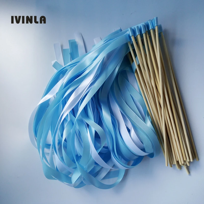 50pcs/lot  light blue white wedding ribbon stick wands Twirling Streamers  without bell for wedding decoration