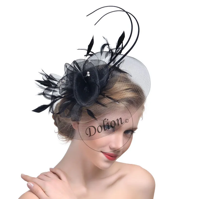 Lady British Fedoras Hat Girls Party Fascinator Horse Racing Feather Hat Bride Hair Accessory Net Yarn Hair Headwear  B-8296