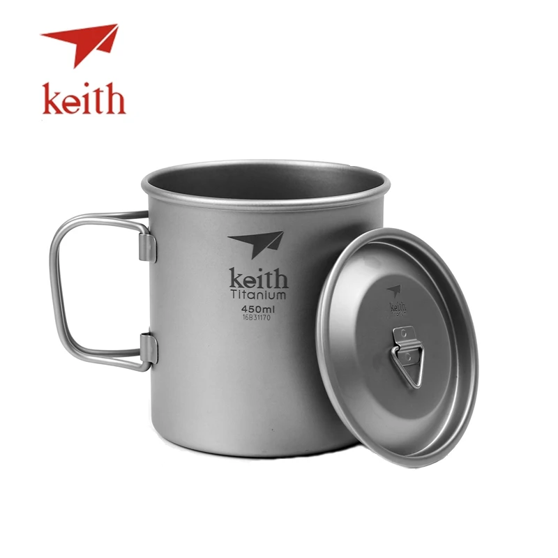 Keith Outdoor Titanium Water Cups Camping Hiking Utensils Travel Mug Folding Handle Ultralight Tableware 450 500 500 650 900ml