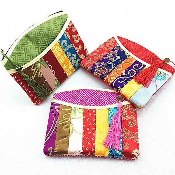 

10pcs Tassel Patchwork Chinese Silk Brocade Zip Pouches Women Gift Bag Christmas Coin Purse Wedding Party Favors Phone Wallet