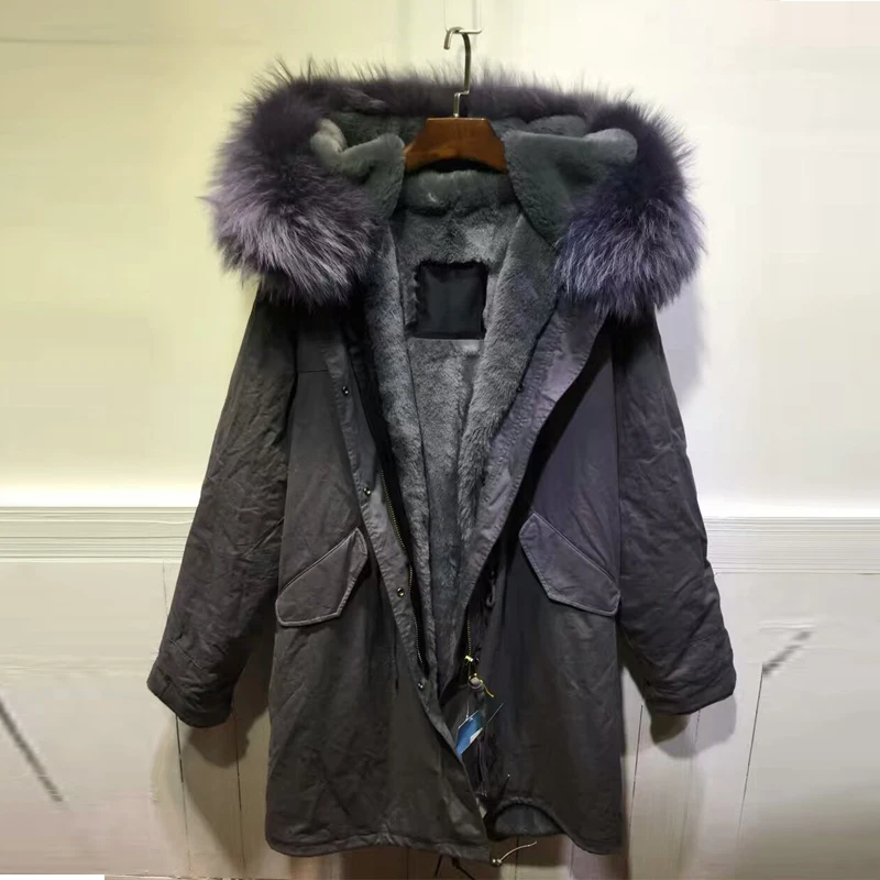 

All Gray Faux Fur Lined Long Parka Big Fur Hooded Overcoat For Women&Men