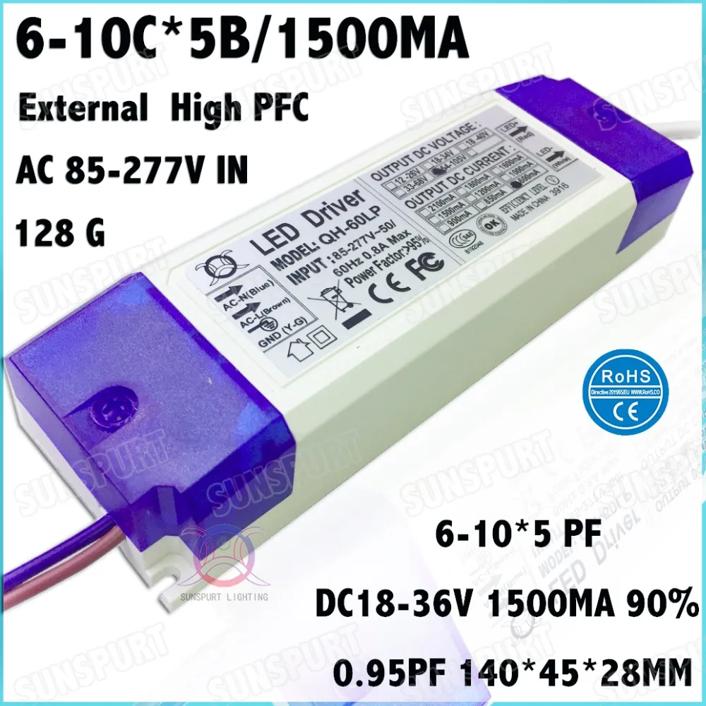 

2 Pcs High PFC 60W AC85-277V LED Driver 6-10Cx5B 1500mA DC18-36V DC line Constant Current LED Power For Spotlights Free Shipping