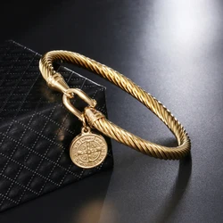 D&Z Saint Benedict Medal Charm Bracelet & Bangle Women Gold Color 316L Stainless Steel Wire Bangles Jewelry San Benito