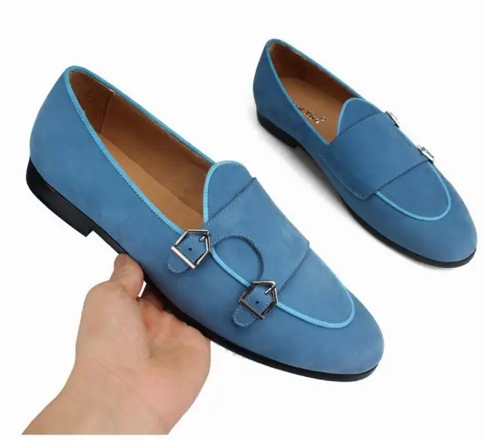 Fashion Blue Suede Men Loafers Men\'s Moccasins Casual Shoes Flats Dress Shoes Double Buckles Wedding Shoes Large Size