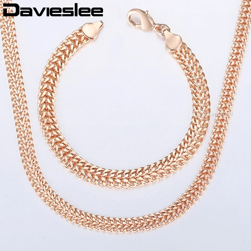 Davieslee Men Women\'s Jewelry Sets 585 Rose Gold Color Double Cuban Weaving Bismark Chain Bracelet Necklace Set Jewelry DCS04