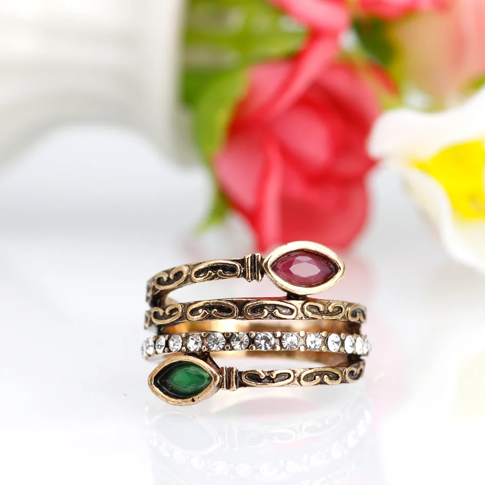 Sunspicems Retro Vintage Bohemia Ring For Women Antique Gold Color Resin Hollow Carve Snake Ring Indian Turkish Banquet Jewelry