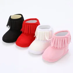 Botas de franja do bebê recém-nascido, cor sólida, borla, fundo macio, algodão, quente, menina, novo, inverno, 0-18m