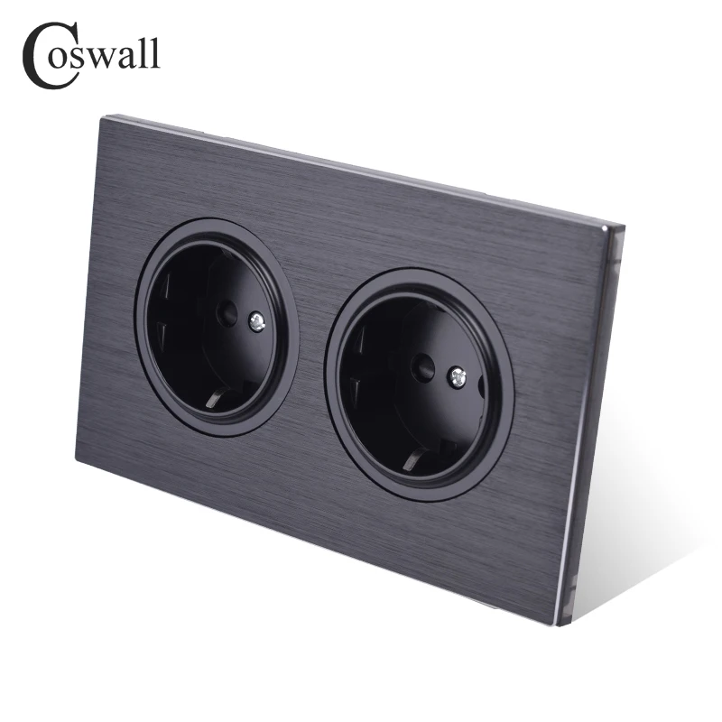 Coswall Black / Silver Grey Aluminum Panel 16A Double EU Standard Wall Power Socket Grounded With Child Protective Lock 146 Type