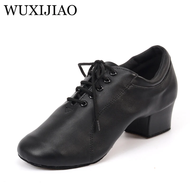 WUXIJIAO-zapatos de baile de salón de cuero auténtico para hombre, calzado de baile latino de 4,5 cm, personalizable