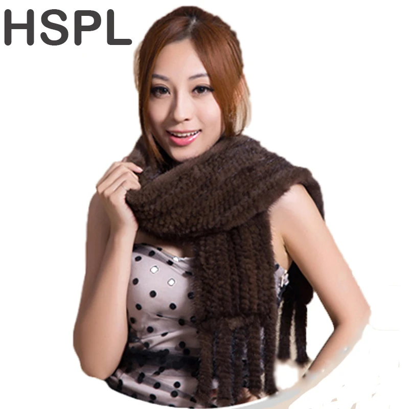 

HSPL Hot sale Real Mink Fur Scarf Women Knitted Natural Mink Fur Scarves Black and Brown color scarf available