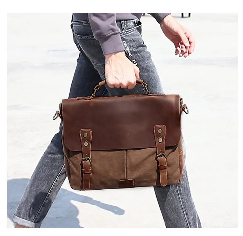 Vintage men\'s canvas messenger bag horse crazy leather man soft  bags school bag man\'s  lock military  hangbags messenger bags