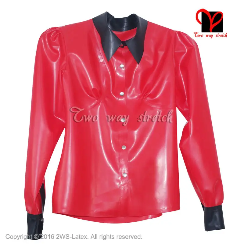 Sexy Rode School Mistress Latex blouse lange mouw Rubber uniform overhemd top Gummi kleren kleding plus size XXXL SY-027