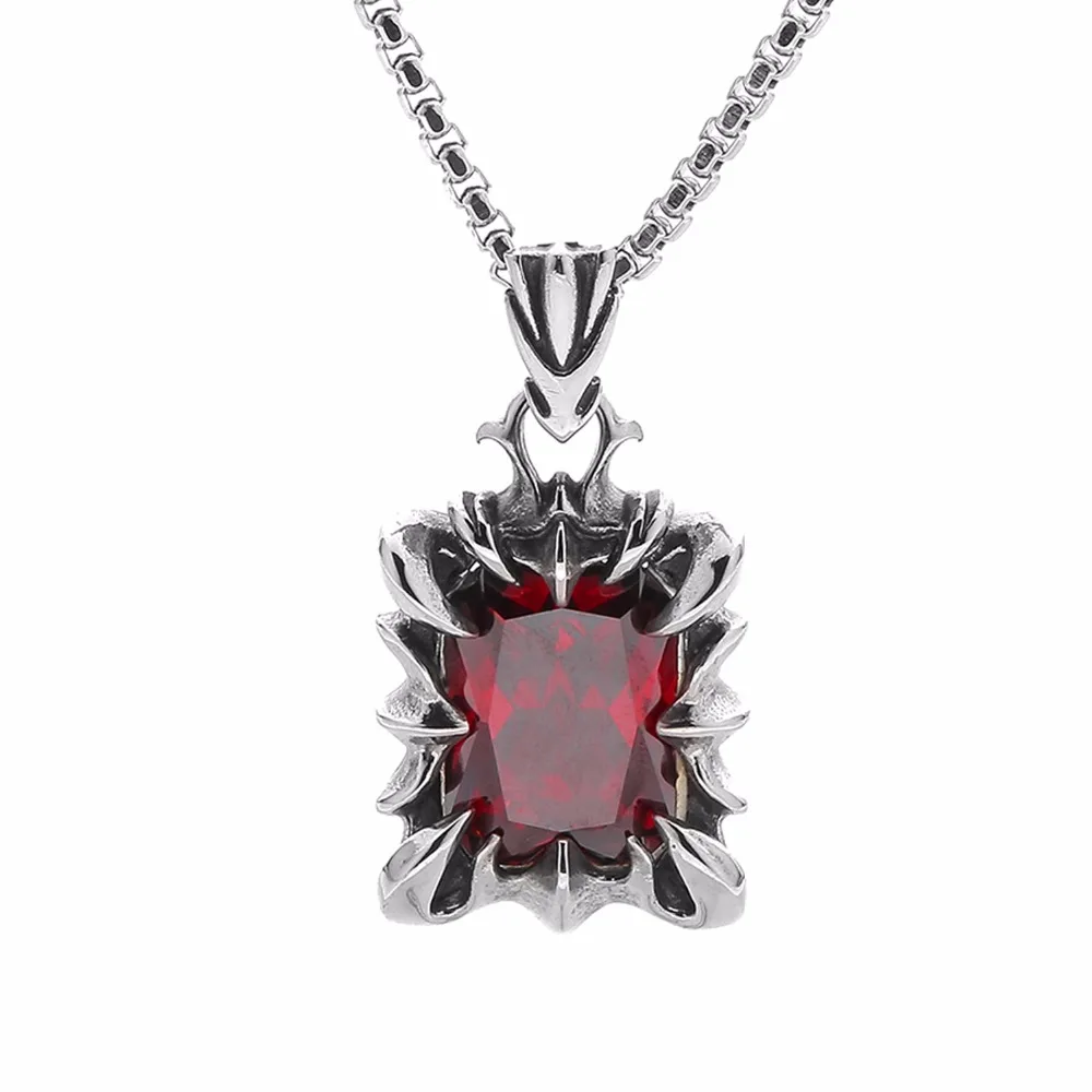 lureme Men's Punk Vintage Titanium Steel Flame with Red Stone Pendant Necklace