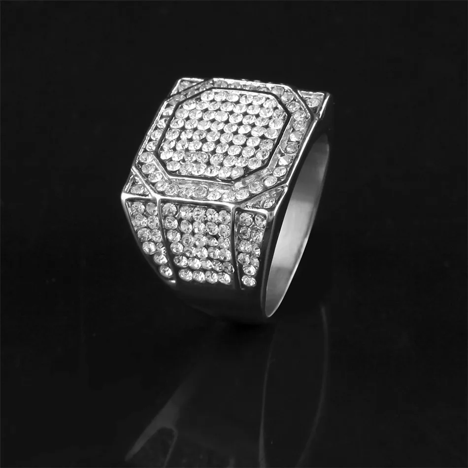 UWIN Men\'s Stainless Steel Square Ring Bling Bling Rhinestone Crystal silver color Gold Color Punk Rings Fashion Hip Hop Jewelry