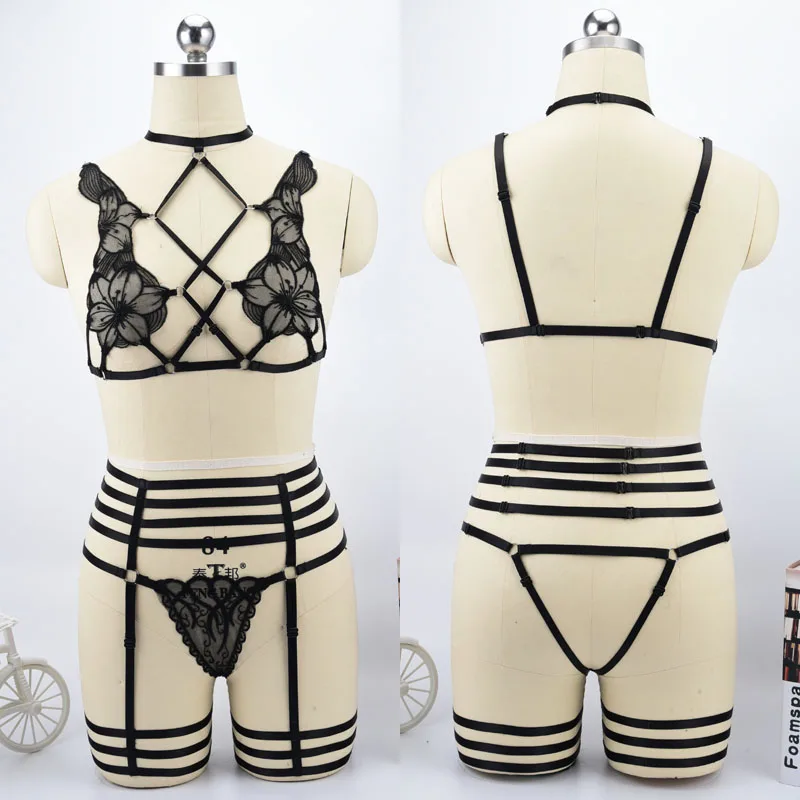 

Women's Harness Bodysuit Fetish Wear Crop Top and Bottoms Lace Cage Bra Harness Briefs 90's Polyester Harness Bondage N0098