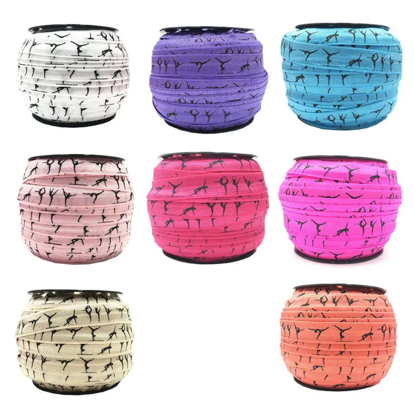 

50 Yards Ballet girl Print Fold Over Elastic 16mm Sport FOE Ribbon Webbing For Wedding Gift Hair Band Accessories 15 Colors