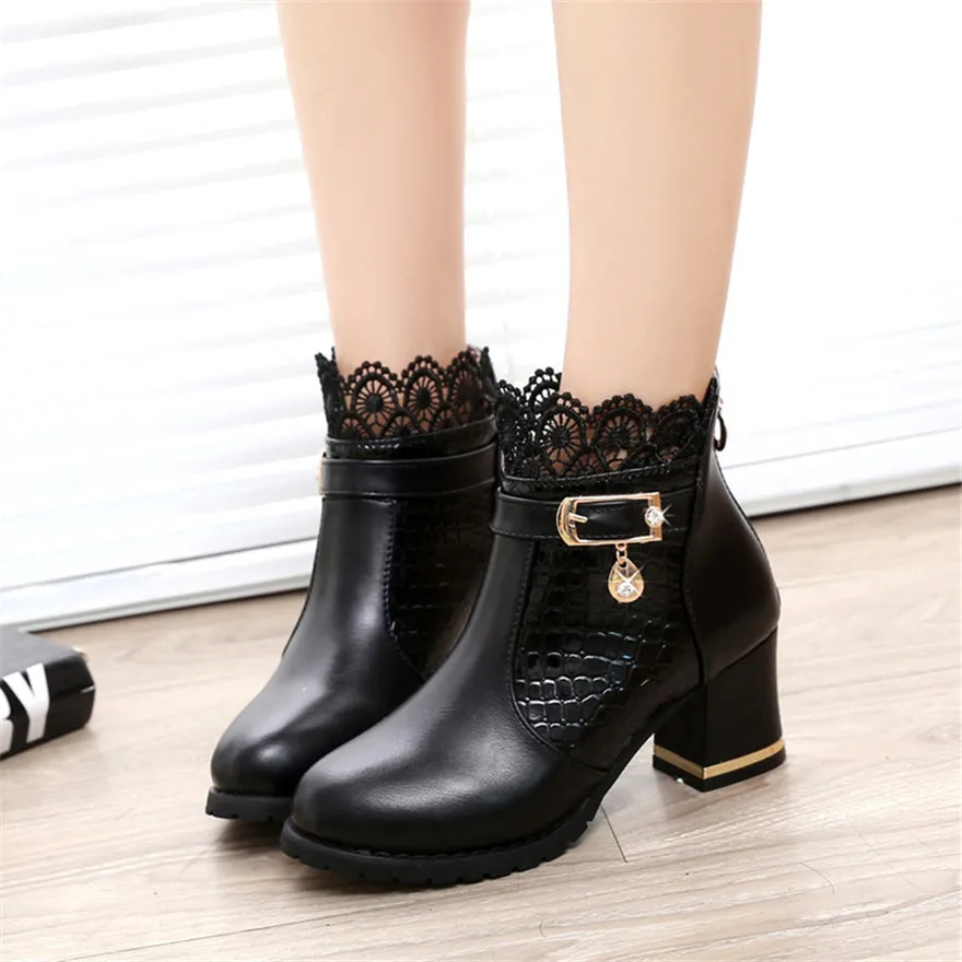 2024 Round Toe Women Fashion Crystal Belt Buckle Boots 6CM Square High Heels Shoes Sexy Leopard Lace Ankle Boots Woman Red Black