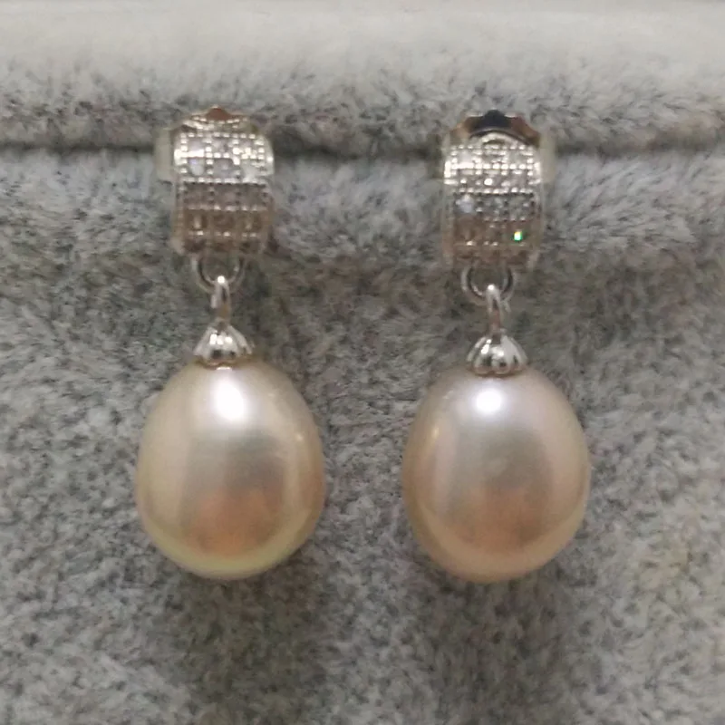 Wholesale 9-10mm Natural White Raindrop Pearl 925 Silver Shiny Zirconia Earring