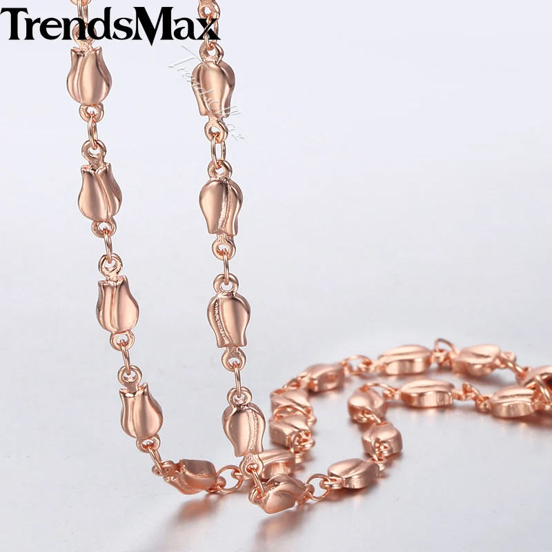 4mm Neckalce For Women Girls 585 Rose Gold Color Bud Link Chain Necklace Woman Fashion Jewelry Valentines Gifts 45cm 50cm 55cm