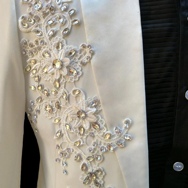 100%real customs tailor mens full embroidery crystal beading white/black tuxedo suit /event/stage performance