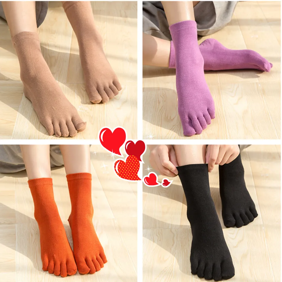 Classic Pure Color Lady Cotton Five Finger Socks 5 Finger Pure Cotton Female Cute Novelty Socks With Separate Toes