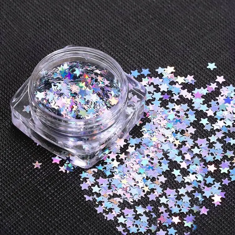 1 กล่องขายส่งดาวรูปร่าง Holographic เลเซอร์สีเล็บ Glitter Paillette Sequins จักรวาล Decal ความงามเล็บเครื่องมือ