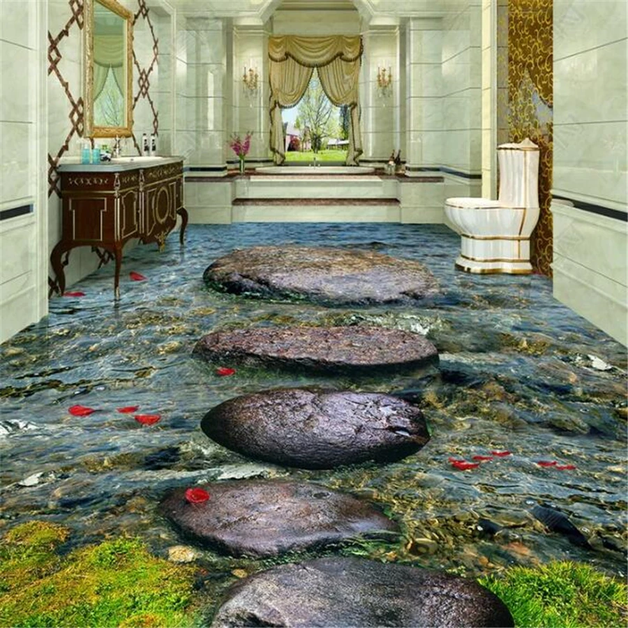 beibehang Custom floor painting 3d stone brook river water bathroom decorative painting 3D floor tile painting papel de parede