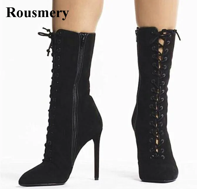 

New Fashion Women Pointed Toe Black Suede Leather Lace-up Gladiator Boots Cut-out Super High Heel Ankle Boots Free Shipping