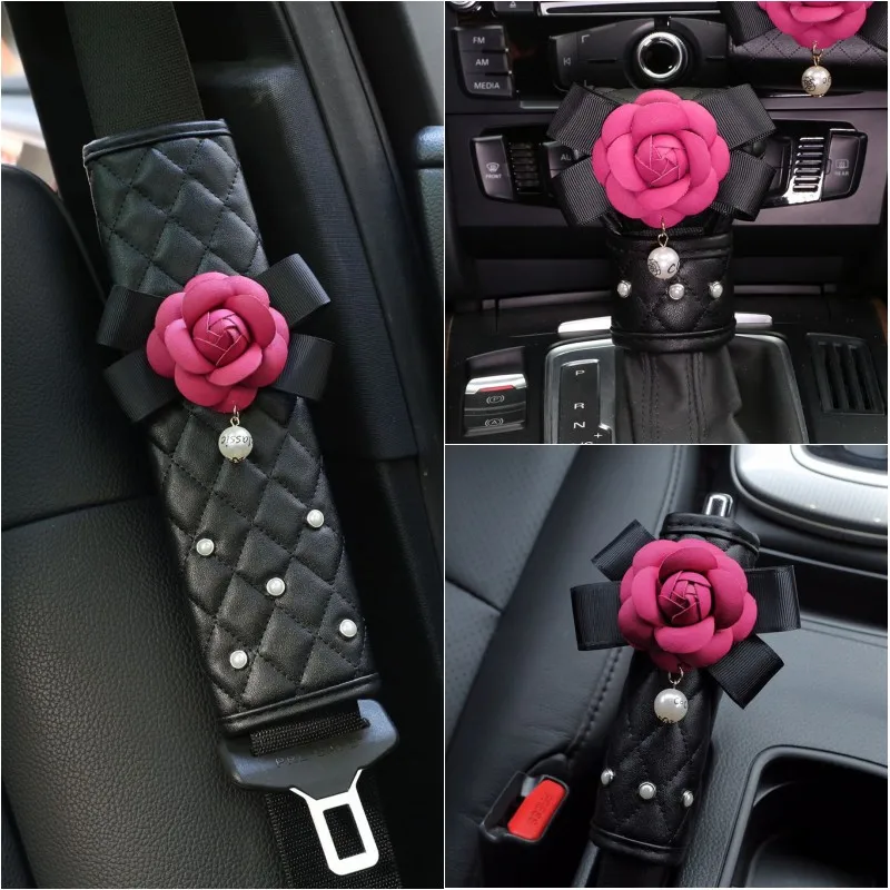 1PC Fashion Pearl Camellia Flower Car Seat Belt Cover Shoulder Pads Car Shifter Hand Brake Covers Auto Interior Accessories