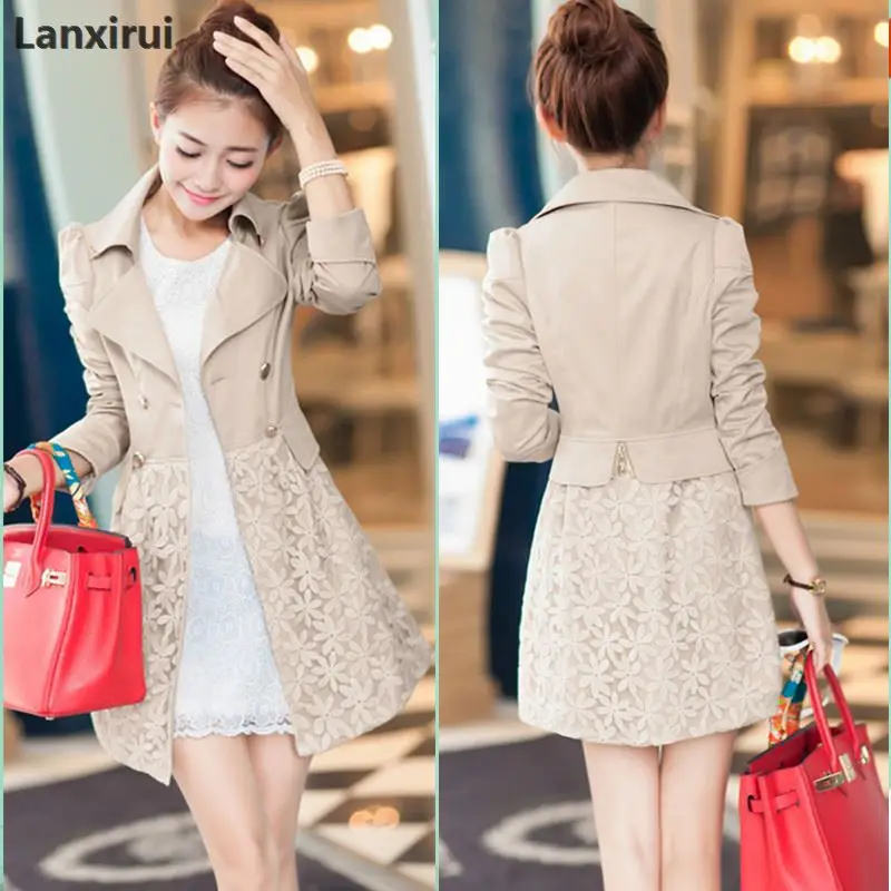 Spring New Women 'S Korean Cultivating Ol Long Sections Of Fresh Lady Elegant Lace Stitching Coat 1007